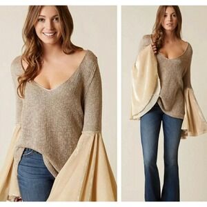 Free People Celestial‎ Sweater Beige Velvet Velour Angel Flared Bell Sleeve M